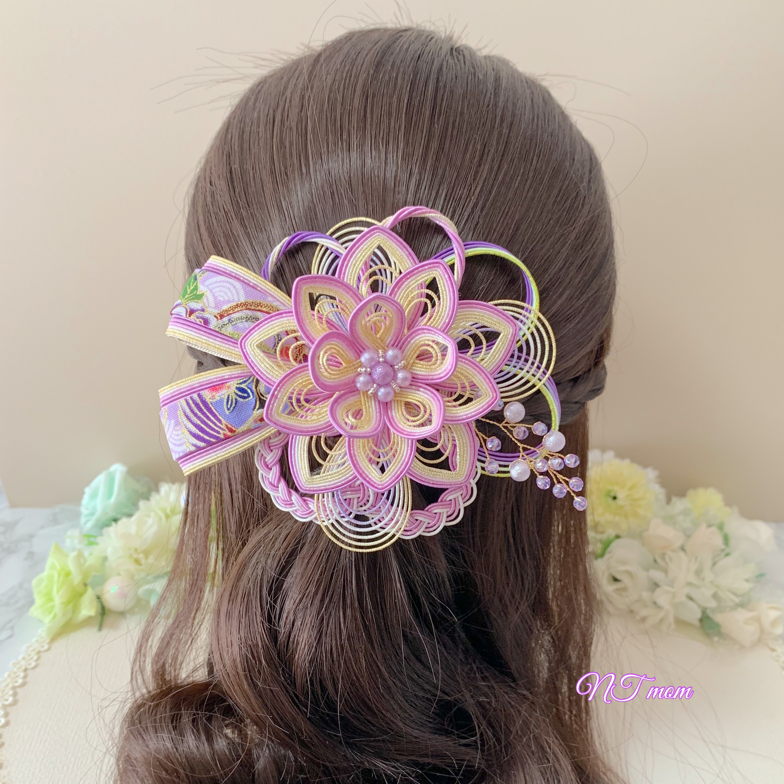 成人式卒業式結婚式・和装水引髪飾り・華一輪・うす紫