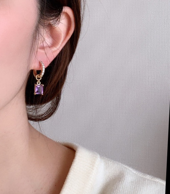 2WAY上品アメジスト&フープピアス　アレルギー対応 5枚目の画像