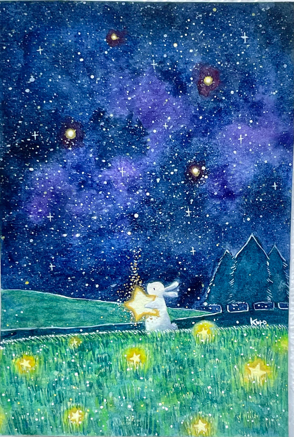 Nさま専用（原画）夏うさぎ【A5サイズ／水彩画／#2397】 受注制作】一番大きな星拾った【うさぎ】 絵画 kuro 通販