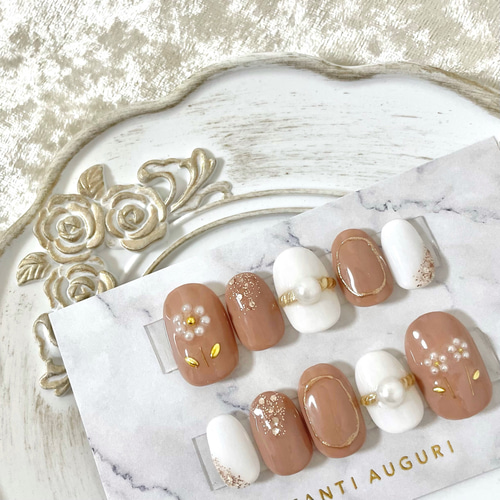 ピンク ベージュ パール 花 ネイルチップ ショートネイル ネイルチップ