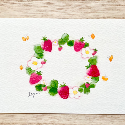 透明水彩画 3枚セット「いちごリース」イラスト ポストカード 苺