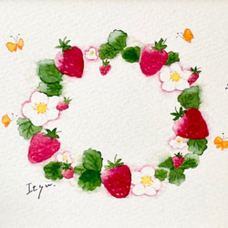 透明水彩画「いちごリース」A4ポスター　イラスト　イチゴ　苺　春　花　ギフト　ナチュラルインテリア　ウェディング　 2枚目の画像