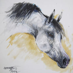 Arabian Horse 2023,Ⅱ（墨絵、厚い和紙３１，５ｃｍ×２３，４ｃｍ、墨、パステル、アクリル） 1枚目の画像