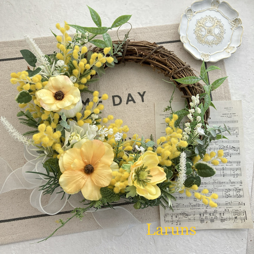 ミモザとラナンキュラスとアネモネのスプリングリース 玄関リース 直径  