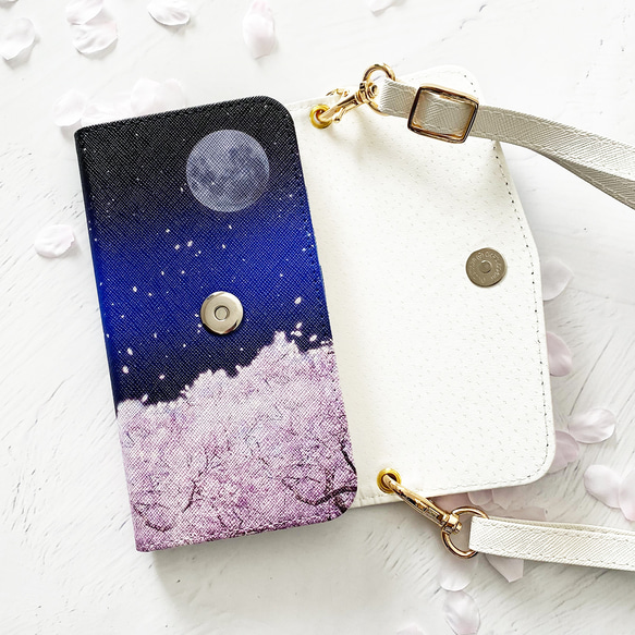 夜桜 ショルダーストラップ付き 三つ折り手帳型スマホケース 6枚目の画像