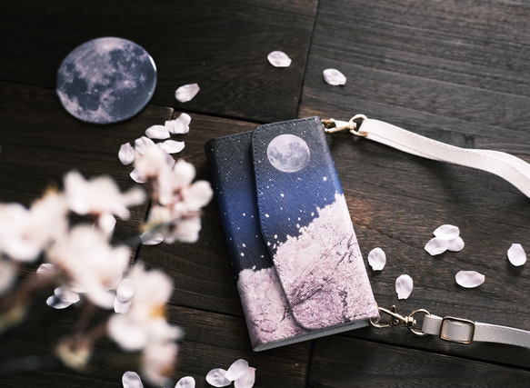 夜桜 ショルダーストラップ付き 三つ折り手帳型スマホケース 3枚目の画像