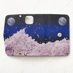 夜桜 ショルダーストラップ付き 三つ折り手帳型スマホケース 5枚目の画像