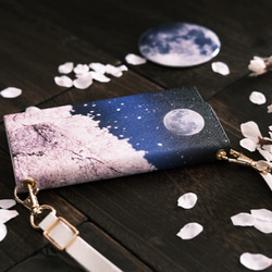 夜桜 ショルダーストラップ付き 三つ折り手帳型スマホケース 7枚目の画像