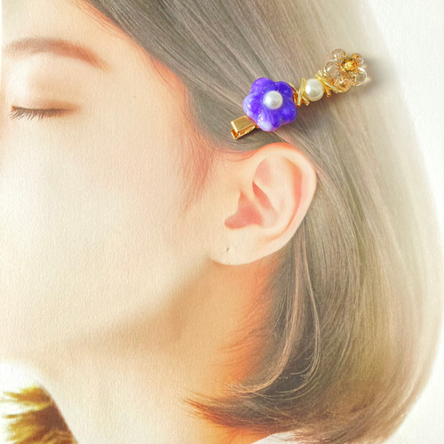 ヘアクリップ レジン 細長オーバル ツートンミニ薔薇 大人可愛いヘア