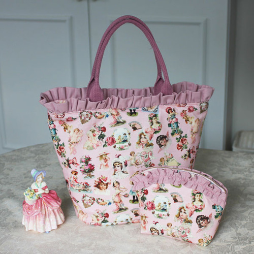 ヴィクトリアン柄＆フリルトートバック ピンク トートバッグ Rose  