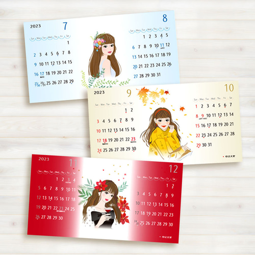 2023年卓上カレンダー かわいい季節の女性。オリジナルイラスト
