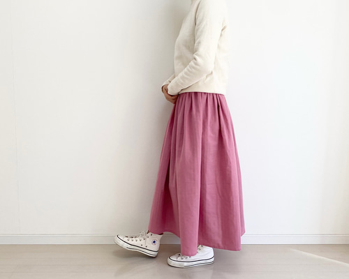 ダブルガーゼギャザースカート 桜ピンク ロングスカート（マキシ丈