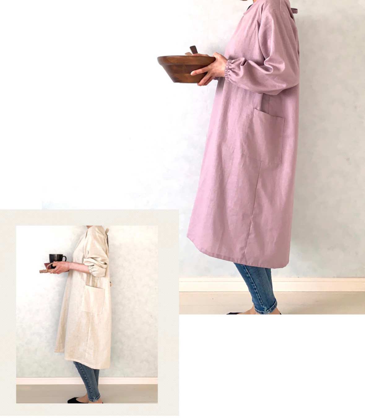 一年中着られる！くすみカラーでこなれ感もたっぷり。コットンリネン・ふんわり柔らかシンプル割烹着。