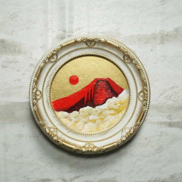 油絵 油彩 油彩画 絵 絵画 円形ミニ絵画 【赤富士】 10枚目の画像