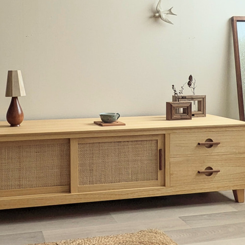 1300mm桐とラタンの ローボード TVボード 飾り棚 テレビボード テレビ