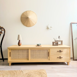 1300mm桐とラタンの ローボード TVボード 飾り棚 テレビボード テレビ
