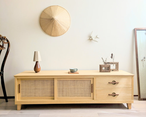 1300mm桐とラタンの ローボード TVボード 飾り棚 テレビボード テレビ