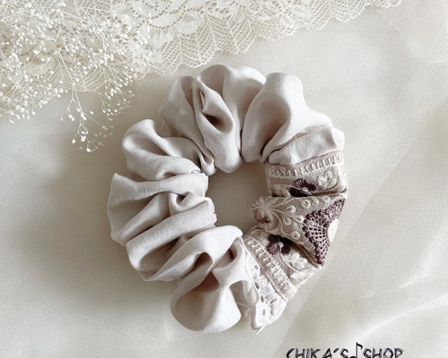 ハンドメイドシュシュM-4015♡桜ジョーゼット♡インド刺繍リボン付