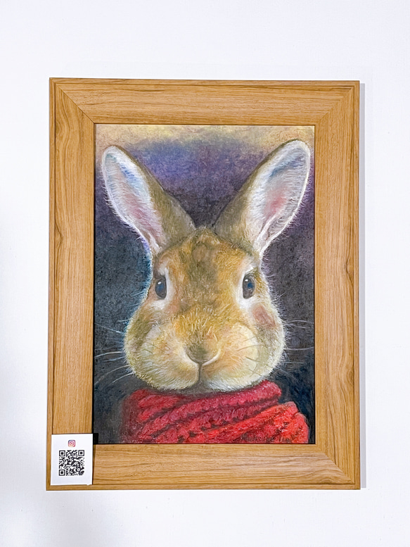 原画】「マフラーうさぎ」オイルパステル画 A4サイズ 絵画