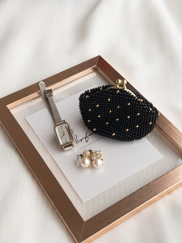 特集掲載】【受注生産】ビーズ ポーチ がま口 ドット 黒 ゴールド