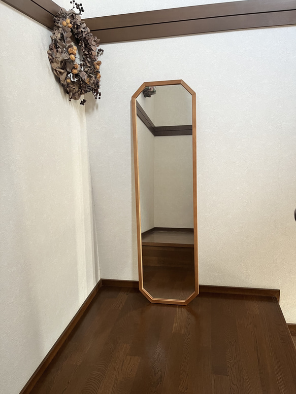【日本製】全身鏡　壁掛けミラー　八角縦長ミラー　アンティーク調 10枚目の画像