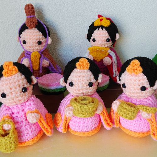 創作人形　粘土　三人官女　縮緬細工　ハンドメイド ☆かぐや☆お雛様♪三人官女♪雛祭り＊あみぐるみ＊ハンドメイド