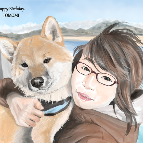 ペット似顔絵　飼い主様とご一緒に！★修正回数無制限★文字入れ無料 ペット似顔絵 飼い主様とご一緒に！☆修正回数無制限☆データ