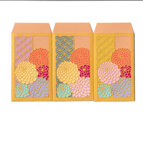 和花柄 切り絵アートぽち袋 3枚入り 送料無料 ぽち袋・お年玉袋 黒