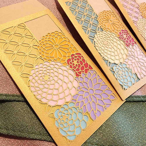 和花柄 切り絵アートぽち袋 3枚入り 送料無料 ぽち袋・お年玉袋 黒