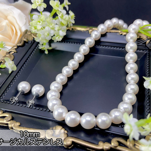 スワロフスキーパール10mmネックレス＆ピアス/イヤリングセット