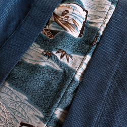 メンズ 粋な裏付き作務衣コート ロング 着物リメイク 紺 和装 和柄 日常風景画 アウター 男性作務衣 (N50102) 10枚目の画像