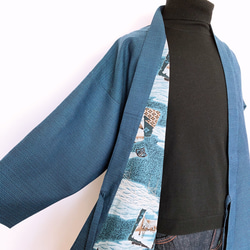 メンズ 粋な裏付き作務衣コート ロング 着物リメイク 紺 和装 和柄 日常風景画 アウター 男性作務衣 (N50102) 7枚目の画像