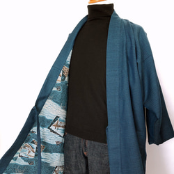 メンズ 粋な裏付き作務衣コート ロング 着物リメイク 紺 和装 和柄 日常風景画 アウター 男性作務衣 (N50102) 2枚目の画像