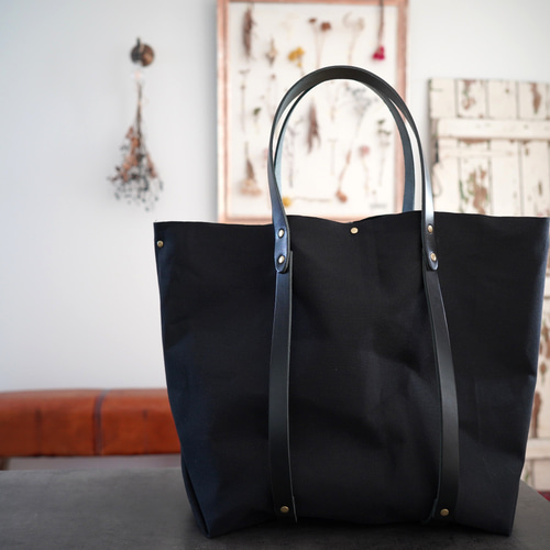 ○BLACK帆布○ 栃木レザーx倉敷6号帆布 トートバッグ 牛革ベルト