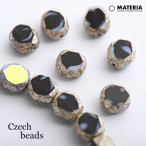 チェコガラスビーズ テーブルカット 黒＆白&AB＆アンティークシルバー  