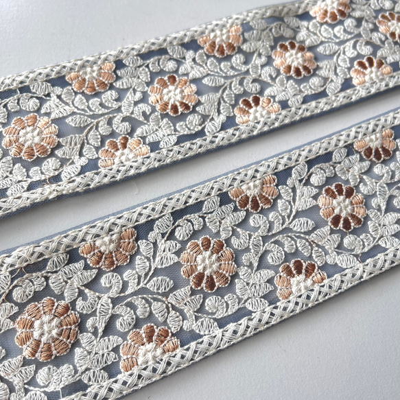 【50cm】インド刺繍リボン グレー　チュール　GN533 1枚目の画像