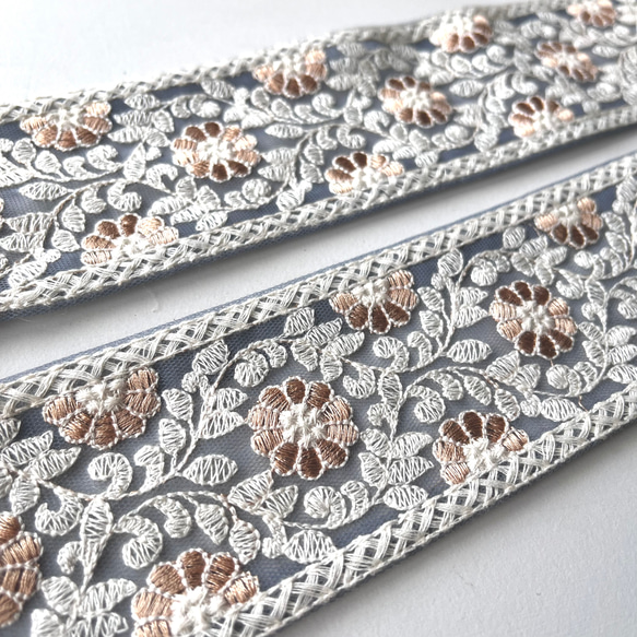 【50cm】インド刺繍リボン グレー　チュール　GN533 2枚目の画像