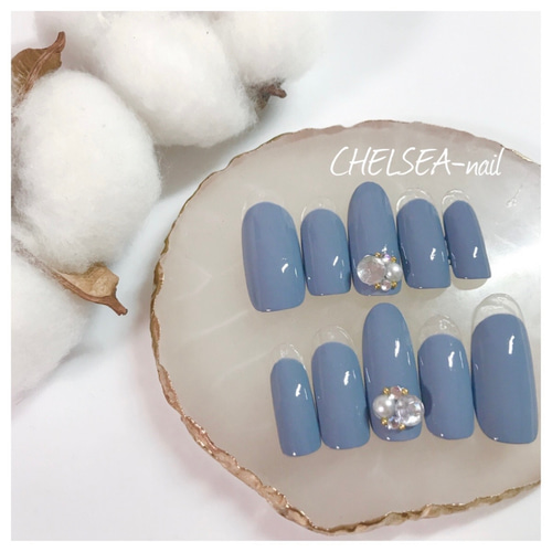 シンプルクリアフレンチネイル(くすみブルー) ネイルチップ（つけ爪