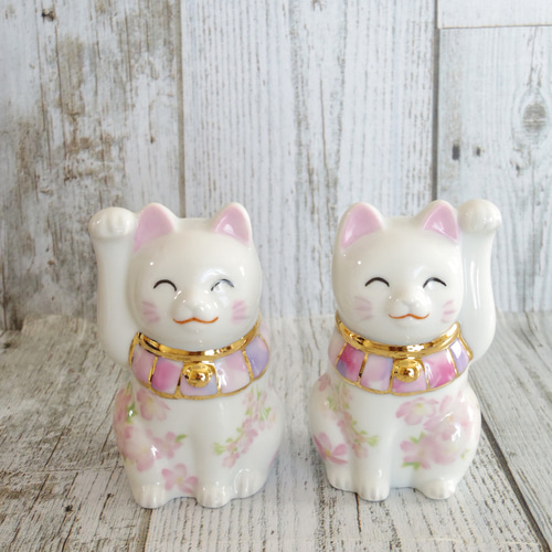 sale】幸運を呼ぶ♫桜の招き猫（ペア）磁器 ☆ポーセラーツ