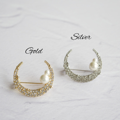 貝パール 月とパールのブローチ ゴールド/シルバー ブローチ Green