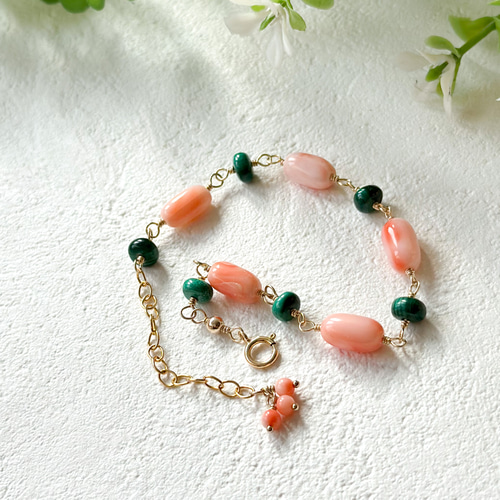 14kgf*ハワイ産ピンク珊瑚とマラカイトのブレスレット／天然石