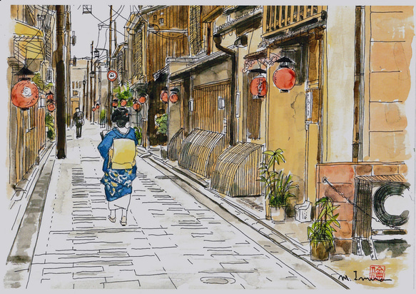 原画「京都　祇園街」水彩画工房 2枚目の画像