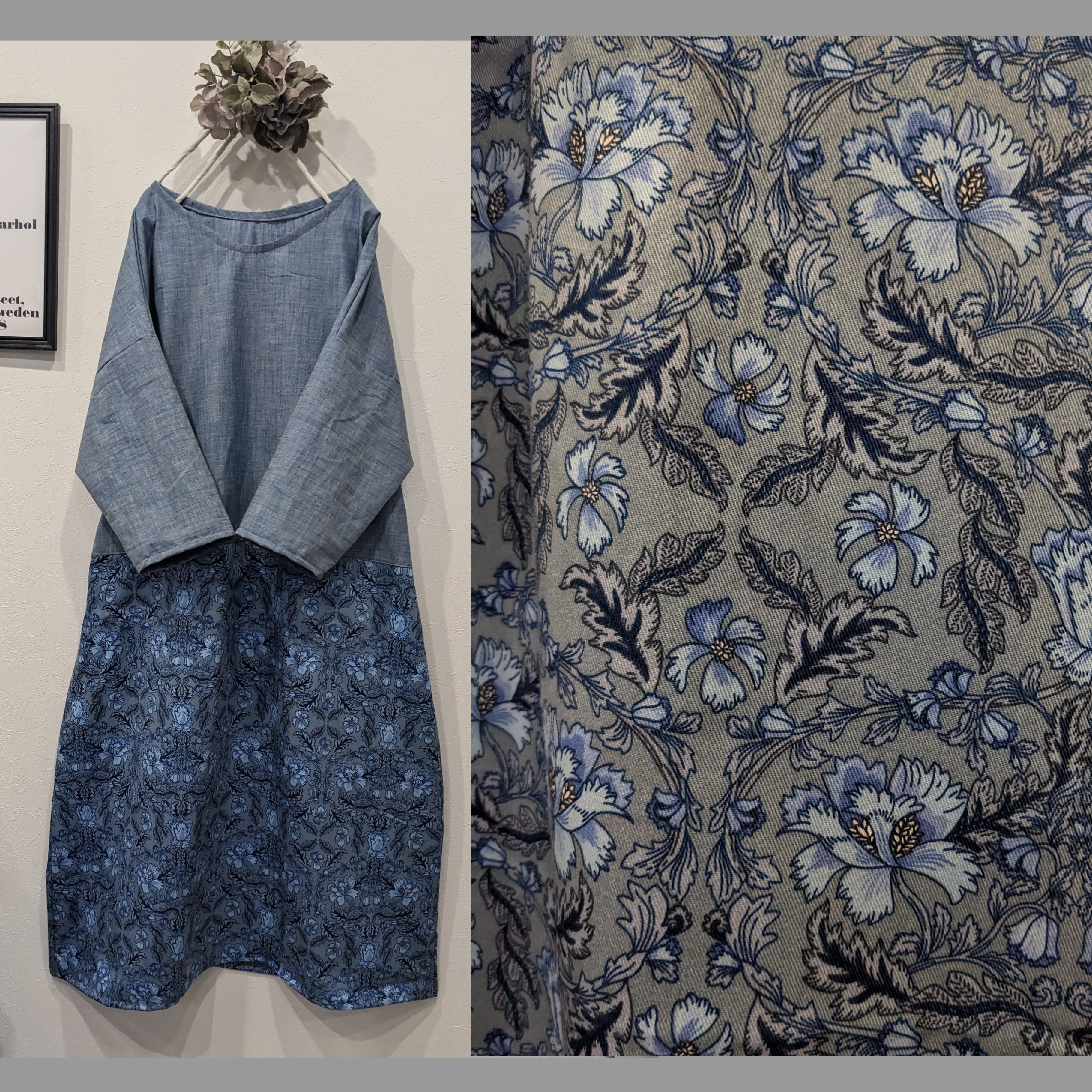 ♡英国風花柄☓ダンガリー♡切り替えワンピース♡半袖可