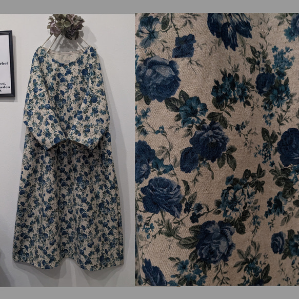 ♡生成りブルーローズ柄のワンピース♡cottonリネン ワンピース
