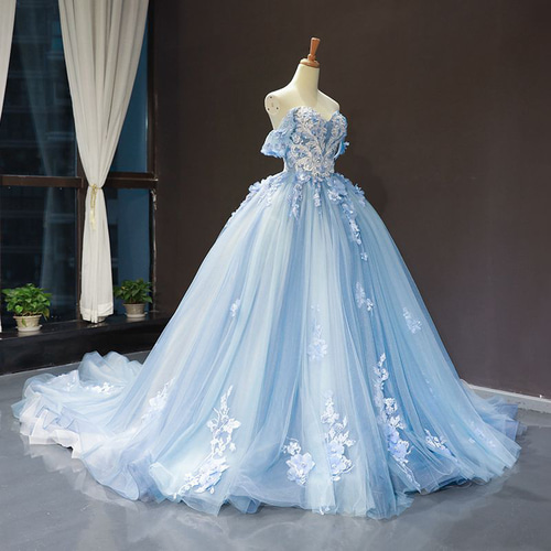 C193  人気 オフショル プリンセスラインフレアスカート ウエディングドレス 上品！ 大好きな 薄青 オフショル プリンセスライン フレア