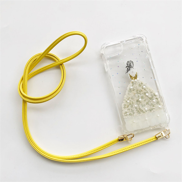 白いドレス スマホショルダー  iPhone14Pro/SE/13 押し花ケース スマホリング 斜め掛け 4枚目の画像