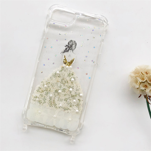 白いドレス スマホショルダー  iPhone14Pro/SE/13 押し花ケース スマホリング 斜め掛け 5枚目の画像