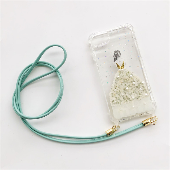 白いドレス スマホショルダー  iPhone14Pro/SE/13 押し花ケース スマホリング 斜め掛け 2枚目の画像