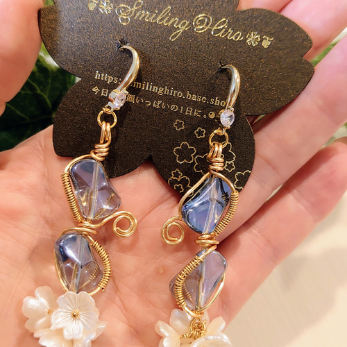 870 再販 ライトブルー ピンク ゴールド ハンドメイド ピアス
