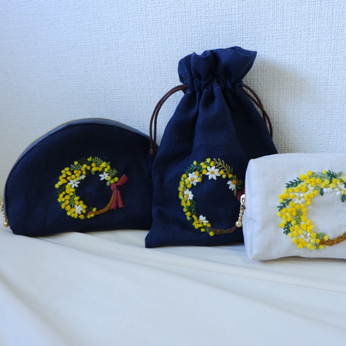 ふわふわミモザ刺繍のボックスポーチ▽リネン ポーチ Szal 通販